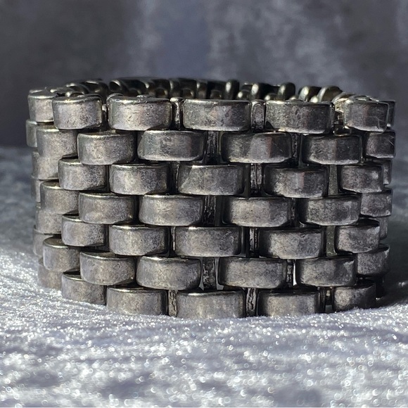 Avant Garde Paris Chunky Wide Linked Stretchy Silver Tone Bracelet - Picture 10 of 16
